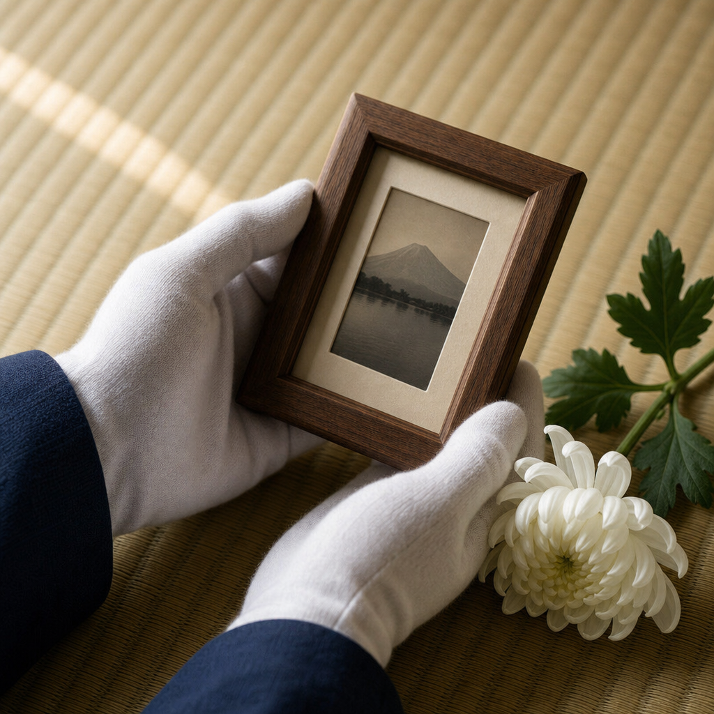 白手袋で遺影を扱う手元と白い菊